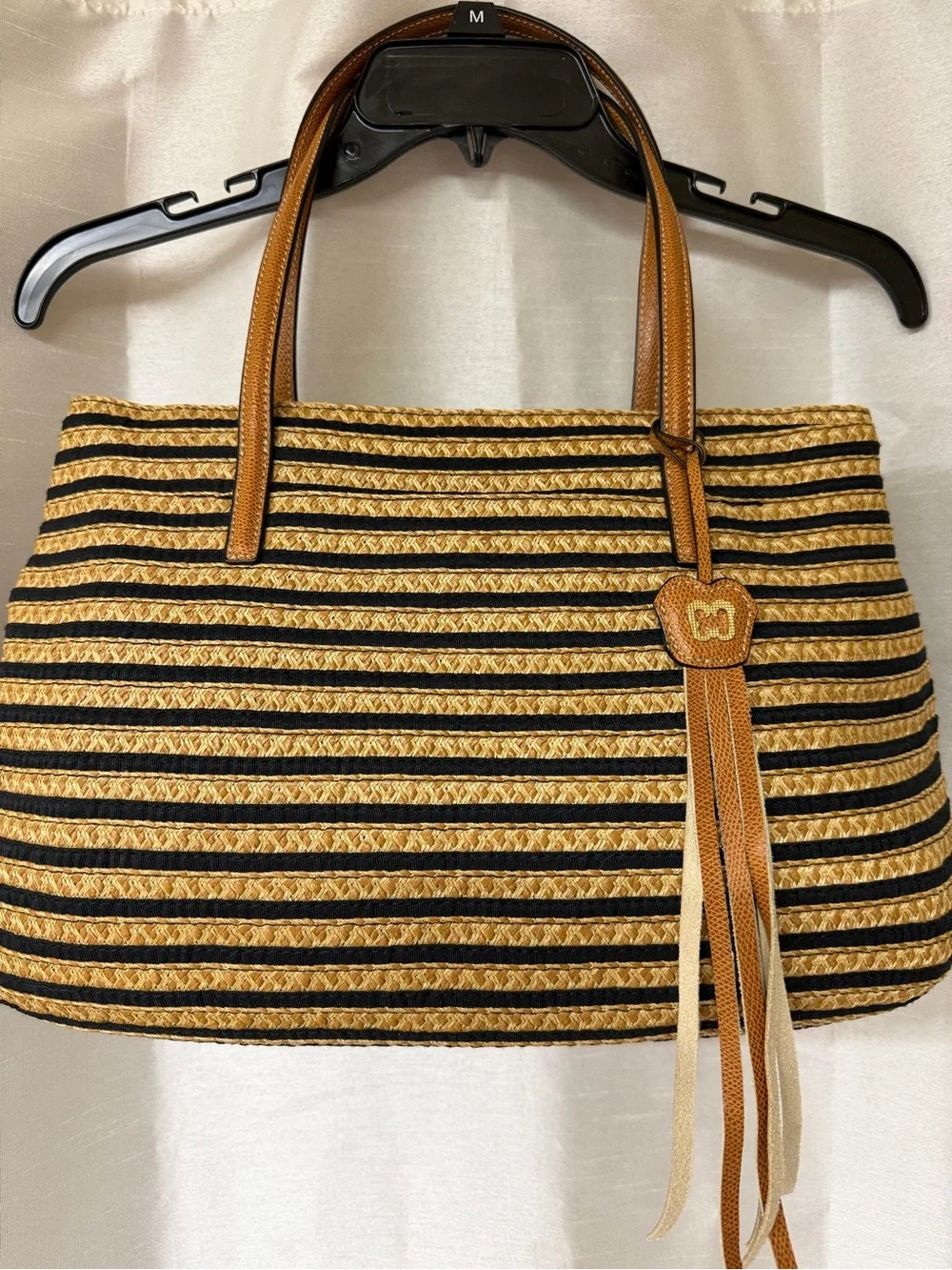 Eric Javitś Striped Natural Straw Tote Bag with Tan Trim